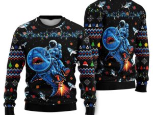 Funny Astronauts Ride A Shark In Space With The Planet Ugly Christmas Sweater - Image 1