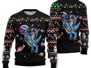 Funny Astronauts Ride A T Rex In Space With The Planet Ugly Christmas Sweater - Image 1