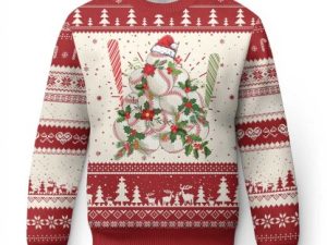 Funny Christmas Baseball Ugly Christmas Sweater Santa Sports Balls Snow Tree - Image 1