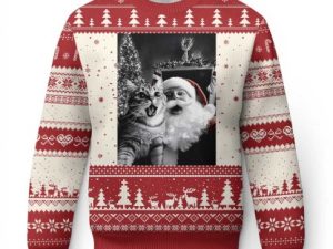 Funny Christmas Cat Selfie With Santa Ugly Christmas Sweater - Image 1
