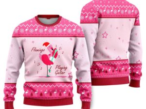 Funny Flamingo Playing Guitar Ugly Christmas Sweater - Image 1