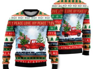 Funny Flamingo With Red Truck Christmas Holiday Ugly Christmas Sweater - Image 1