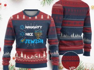 Funny Jewish Hanukkah Ugly Christmas Sweater Nice Naughty Jewish Menorah - Image 1