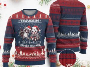 Funny Opossum Raccoon Ugly Christmas Sweater Through The Snow Garbage Gang - Image 1