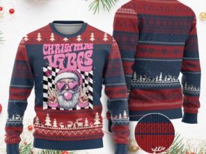 Funny Pink Santa Xmas Ugly Christmas Sweater Xmas Vibes Checkboard - Image 1