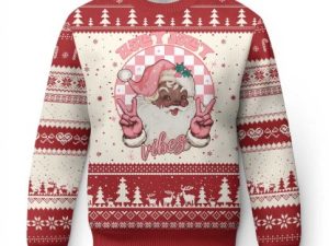 Funny Pink Xmas Retro Black Santa Ugly Christmas Sweater Holly Jolly Vibes - Image 1