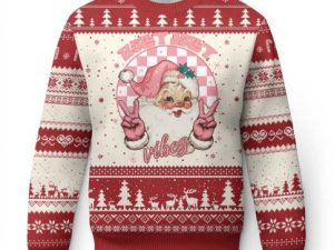 Funny Pink Xmas Retro Santa Ugly Christmas Sweater Holly Jolly Vibes - Image 1