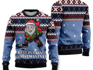 Funny Santa Playing Hockey Ugly Christmas Sweater - Image 1