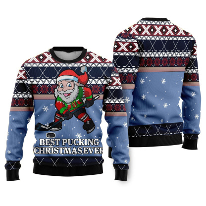 funny santa playing hockey ugly christmas sweater 1 Funny Santa Playing Hockey Ugly Christmas Sweater - Image 1