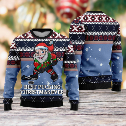 funny santa playing hockey ugly christmas sweater 2 Funny Santa Playing Hockey Ugly Christmas Sweater - Image 2