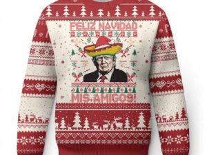 Funny T Ugly Christmas Sweater Feliz Navidad Mis Amigos Mexican Sombrero Santa - Image 1