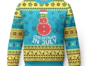 Funny Tropical Xmas Ugly Christmas Sweater Watermelon Summer Snowman - Image 1