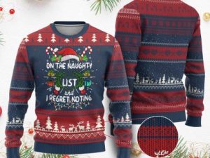 Funny Ugly Christmas Sweater On The Naughty List And I Regret Nothing Xmas Tee - Image 1