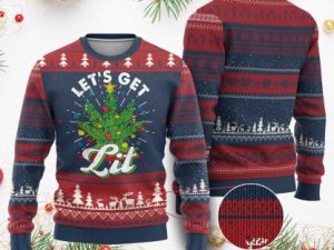 Funny Weed Xmas Ugly Christmas Sweater Lets Get Lit Christmas Tree Cannabis - Image 1