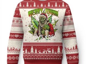 Funny Weed Xmas Ugly Christmas Sweater Merry Juana Santa Skeleton - Image 1