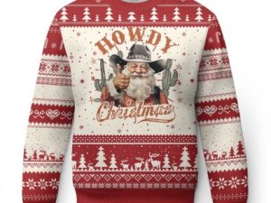 Funny Western Xmas Ugly Christmas Sweater Howdy Christmas Retro Cowboy Santa - Image 1