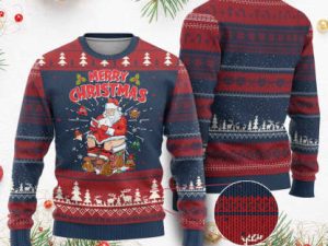Funny Xmas Bad Santa Ugly Christmas Sweater Santa Pooping Down The Chimney - Image 1