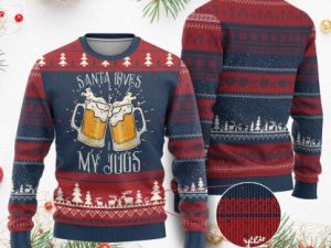 Funny Xmas Beers Couple Ugly Christmas Sweater Santa Loves My Jugs Beers Drinker - Image 1