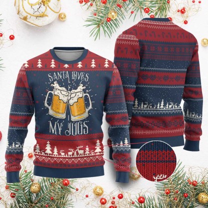 funny xmas beers couple ugly christmas sweater santa loves my jugs beers drinker 1 Funny Xmas Beers Couple Ugly Christmas Sweater Santa Loves My Jugs Beers Drinker - Image 1