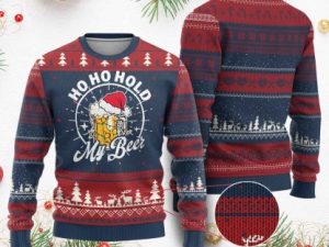 Funny Xmas Beers Ugly Christmas Sweater Ho Ho Hold My Beer Vintage Mug Santa Hat - Image 1