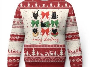 Funny Xmas Black Cat Ugly Christmas Sweater Meowy Christmas Cute Cats Coquette Bow - Image 1