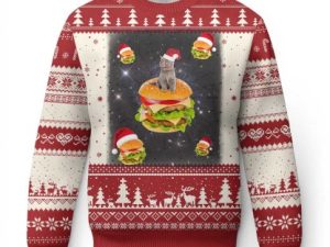 Funny Xmas Cat Ugly Christmas Sweater Santa Cat Hamburger Lover Galaxy Outer Space - Image 1