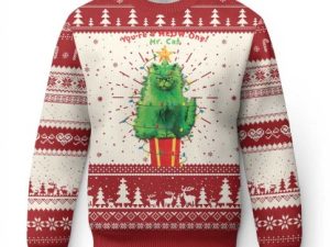Funny Xmas Cat Ugly Christmas Sweater You Are A Meow One Mr Cat Green Cat - Image 1