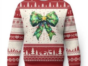 Funny Xmas Coquette Ugly Christmas Sweater Green Xmas Tree Bow - Image 1