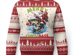 Funny Xmas Fishing Ugly Christmas Sweater Merry Christbass Santa Xmas Tree - Image 1