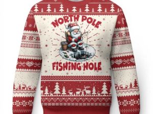 Funny Xmas Fishing Ugly Christmas Sweater North Pole Fishing Hole Cute Santa - Image 1