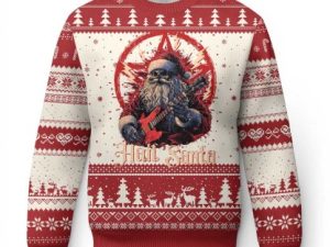 Funny Xmas Hail Santa Ugly Christmas Sweater Sleigher Heavy Metal - Image 1