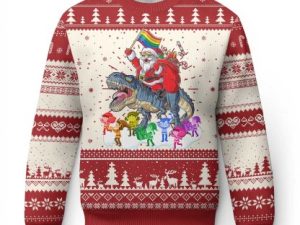 Funny Xmas Lgbt Ugly Christmas Sweater Rainbow Flag Santa Riding Dinosaur - Image 1