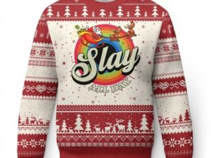 Funny Xmas Lgbt Ugly Christmas Sweater Slay All Day Sleigh Rainbow - Image 1