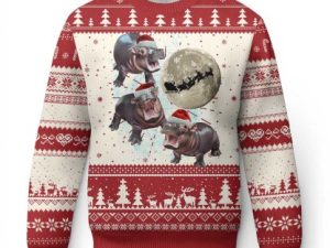 Funny Xmas Moo Deng Ugly Christmas Sweater Baby Hippo Santa - Image 1