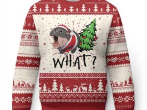 Funny Xmas Moo Deng Ugly Christmas Sweater What Baby Hippo Pushing - Image 1