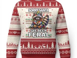 Funny Xmas Raccoon Ugly Christmas Sweater Sorry Santa Ive Been Feral - Image 1