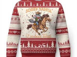 Funny Xmas Raccoon Ugly Christmas Sweater Sorry Santa Ive Been Feral Cowboy - Image 1