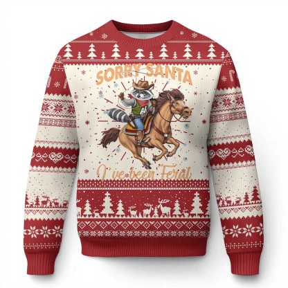 funny xmas raccoon ugly christmas sweater sorry santa ive been feral cowboy 1 Funny Xmas Raccoon Ugly Christmas Sweater Sorry Santa Ive Been Feral Cowboy - Image 1