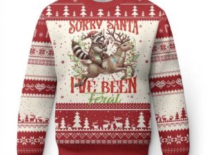 Funny Xmas Raccoon Ugly Christmas Sweater Sorry Santa Ive Been Feral Reindeer - Image 1
