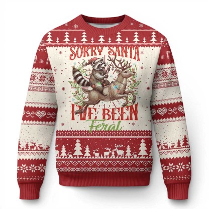 funny xmas raccoon ugly christmas sweater sorry santa ive been feral reindeer 1 Funny Xmas Raccoon Ugly Christmas Sweater Sorry Santa Ive Been Feral Reindeer - Image 1