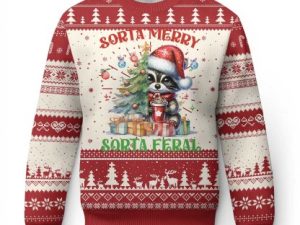Funny Xmas Raccoon Ugly Christmas Sweater Sorta Merry Sorta Feral Merry Trashmas - Image 1