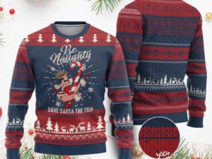 Funny Xmas Ugly Christmas Sweater Candy North Pole Be Naughty Save Santa The Trip - Image 1