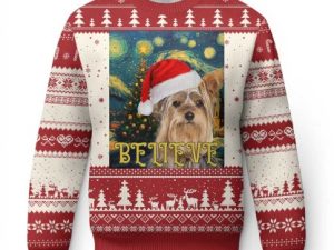 Funny Xmas Yorkshire Ugly Christmas Sweater Believe Christmas Starry Night Dog Lover - Image 1