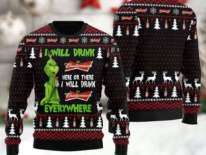 Grinch I Will Drink Budweiser Everywhere Ugly Christmas Sweater - Image 1