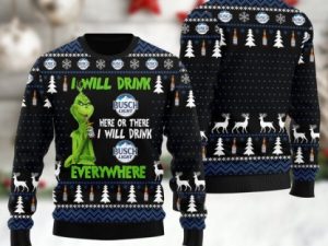 Grinch I Will Drink Busch Light Everywhere Ugly Christmas Sweater - Image 1