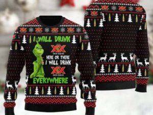 Grinch I Will Drink Classic Mexican Beer Everywhere Ugly Christmas Sweater - Image 1