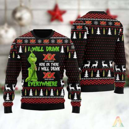 grinch i will drink classic mexican beer everywhere ugly christmas sweater 1 Grinch I Will Drink Classic Mexican Beer Everywhere Ugly Christmas Sweater - Image 1