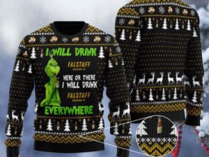 Grinch I Will Drink Falstaff Beer Everywhere Ugly Christmas Sweater - Image 1