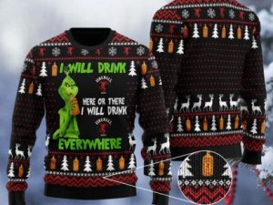 Grinch I Will Drink Fireball Everywhere Ugly Christmas Sweater - Image 1