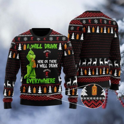 grinch i will drink fireball everywhere ugly christmas sweater 1 Grinch I Will Drink Fireball Everywhere Ugly Christmas Sweater - Image 1